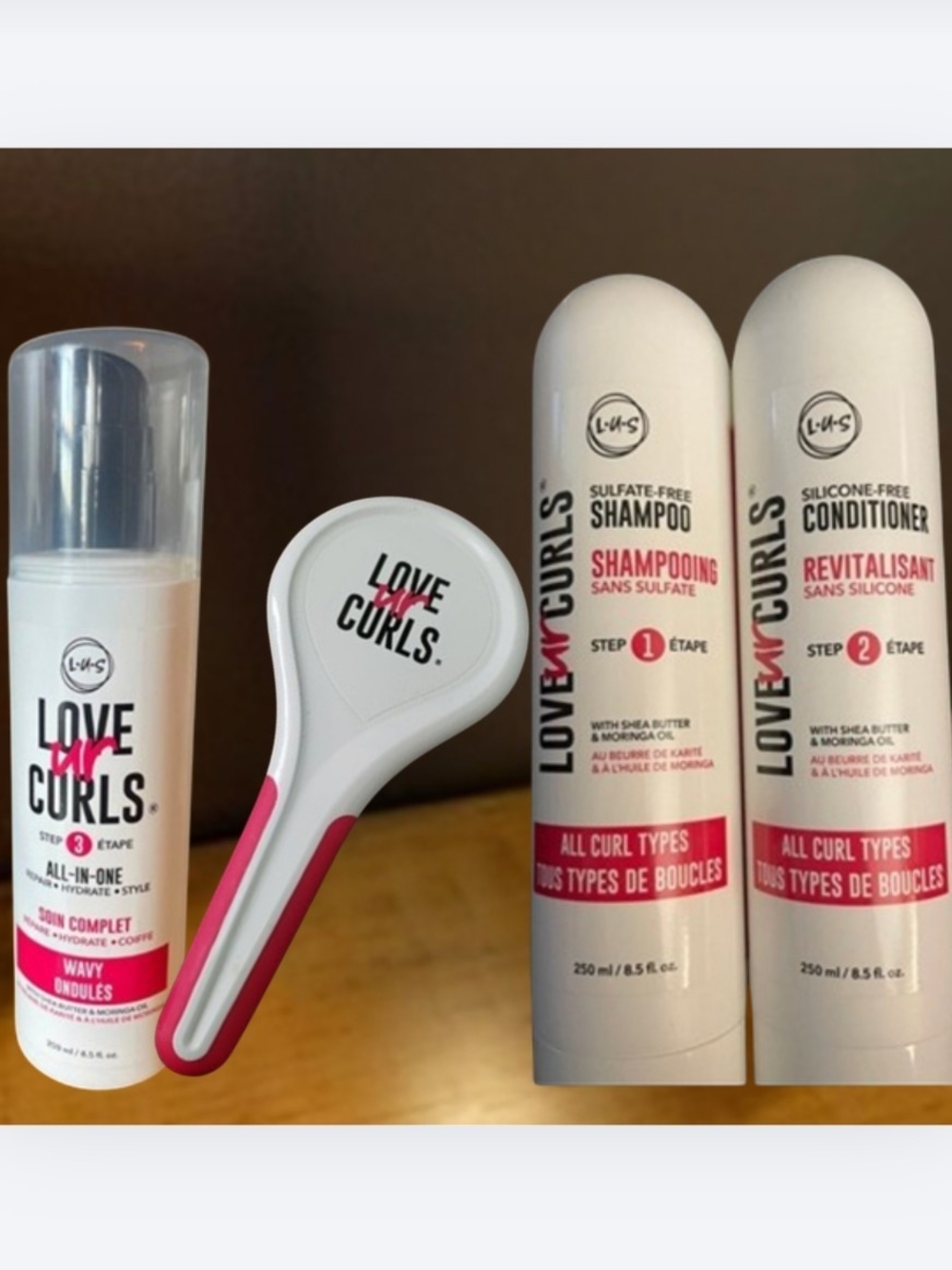 LUS Love UR Curls Step 1 - 2 & 3 Shampoo, Condition, In-1 Styler & Brush Set New